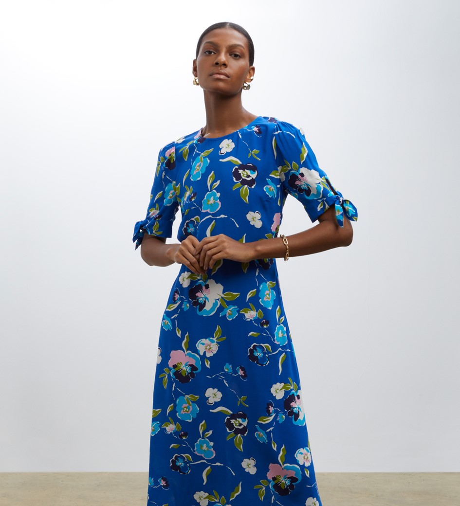 Caley Blue Poppy Print Midi Dress