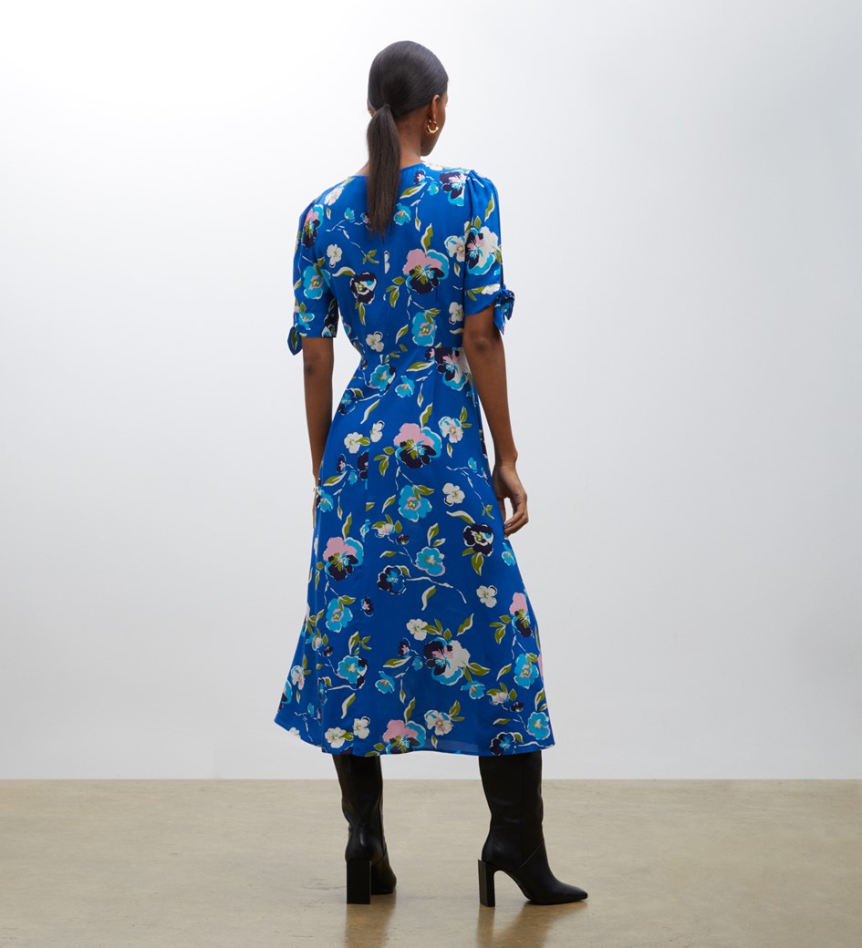 Caley Blue Poppy Print Midi Dress
