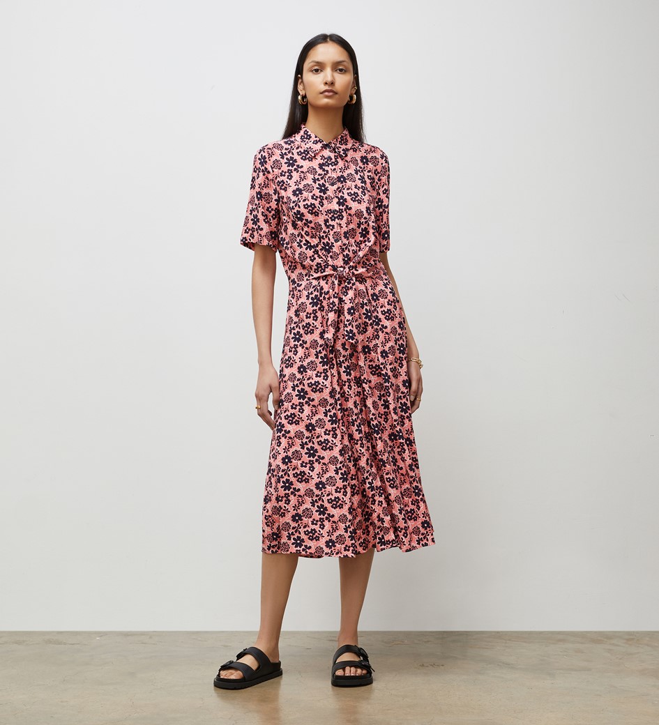 Sage Coral Floral Midi Shirt Dress