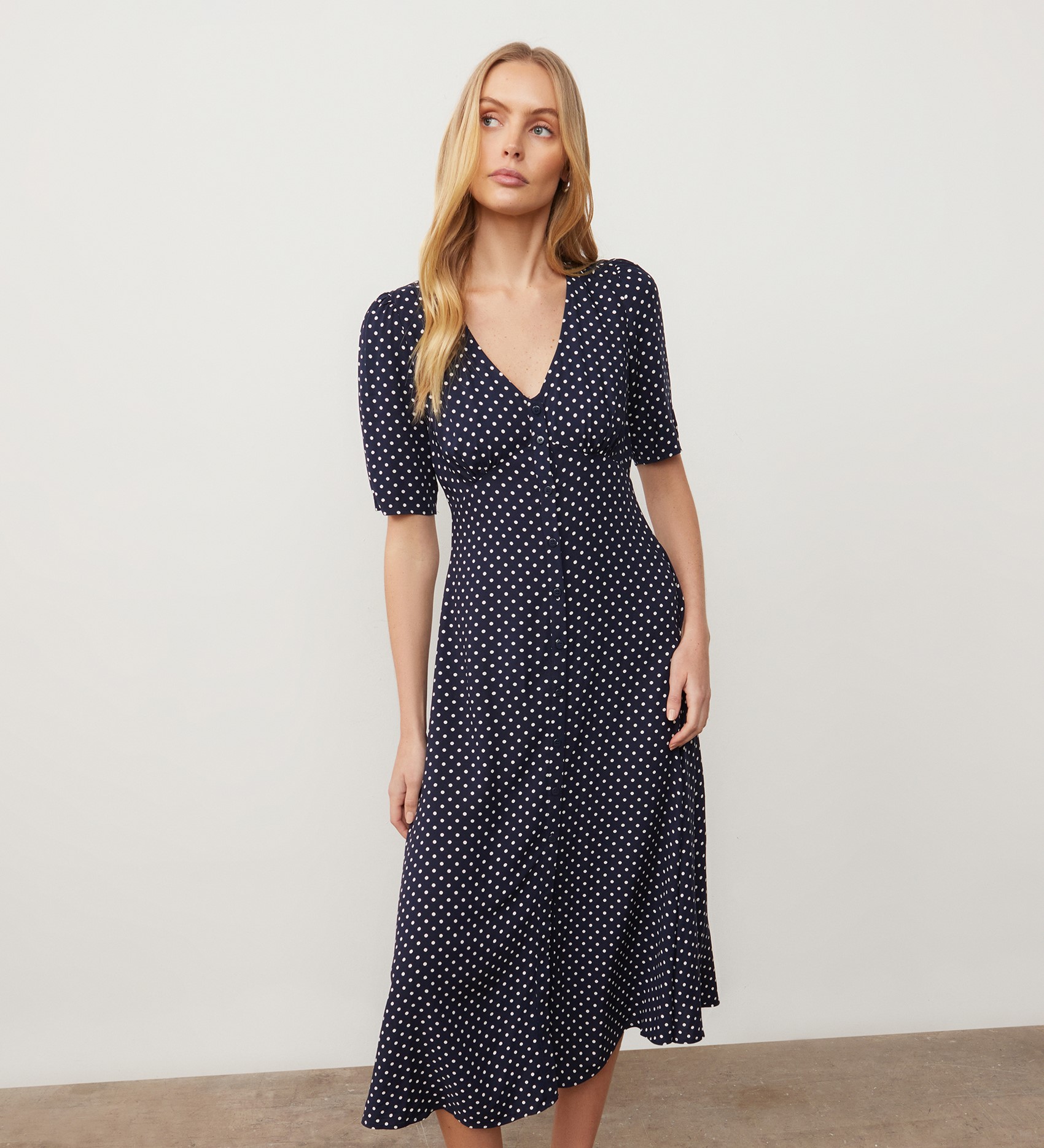 Camilla Navy Spot Print Midi Dress | Finery London