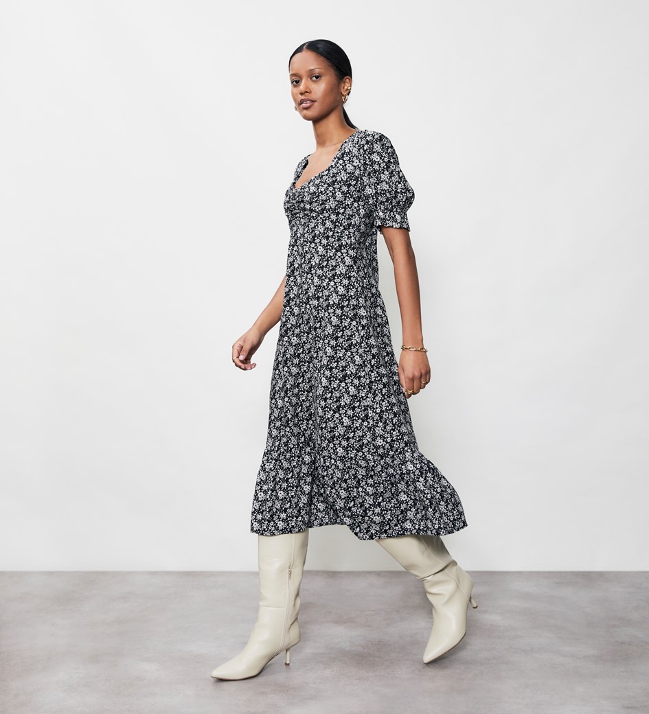 Talia Black Floral Midi Dress
