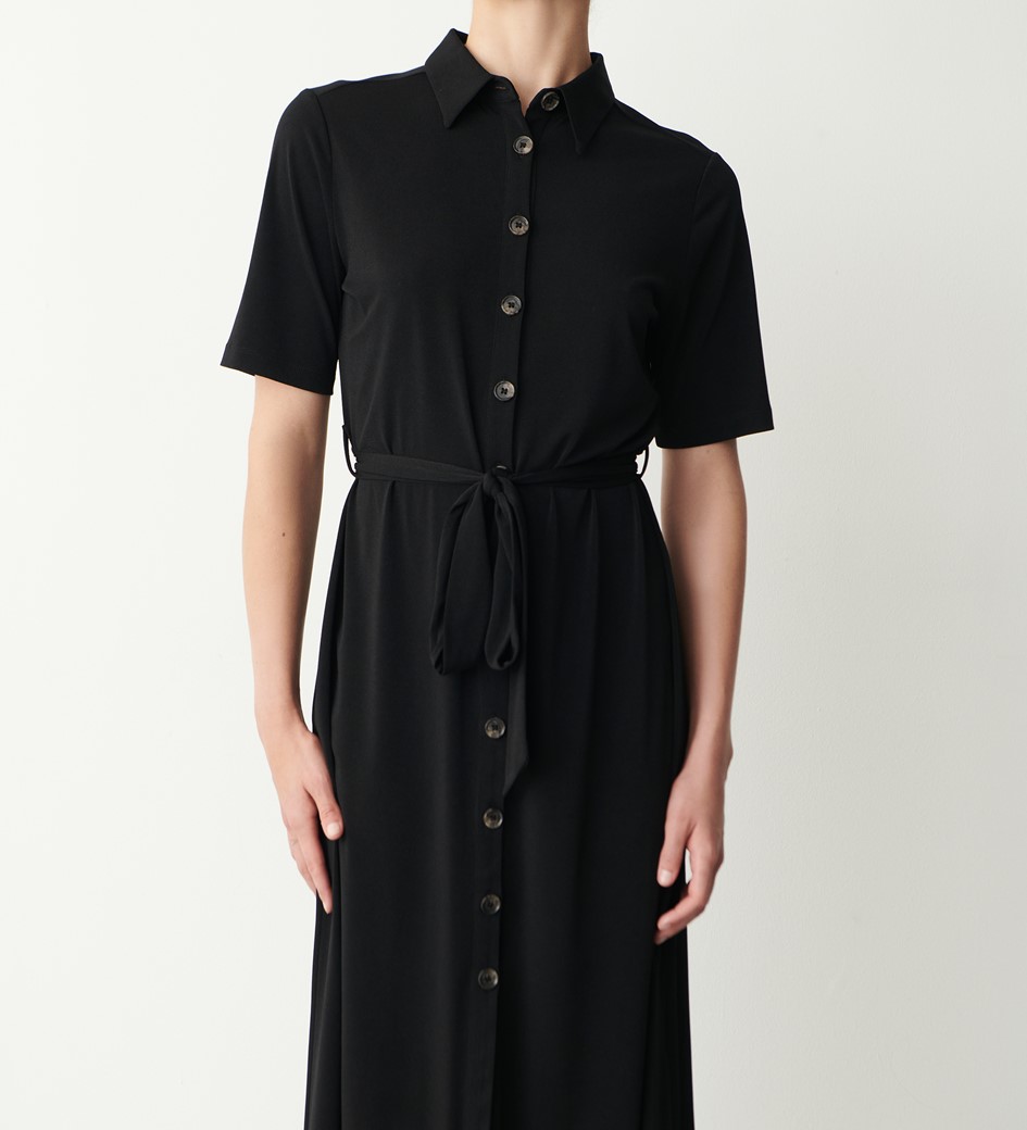 Maddie Black Jersey Crepe Midi Shirt Dress