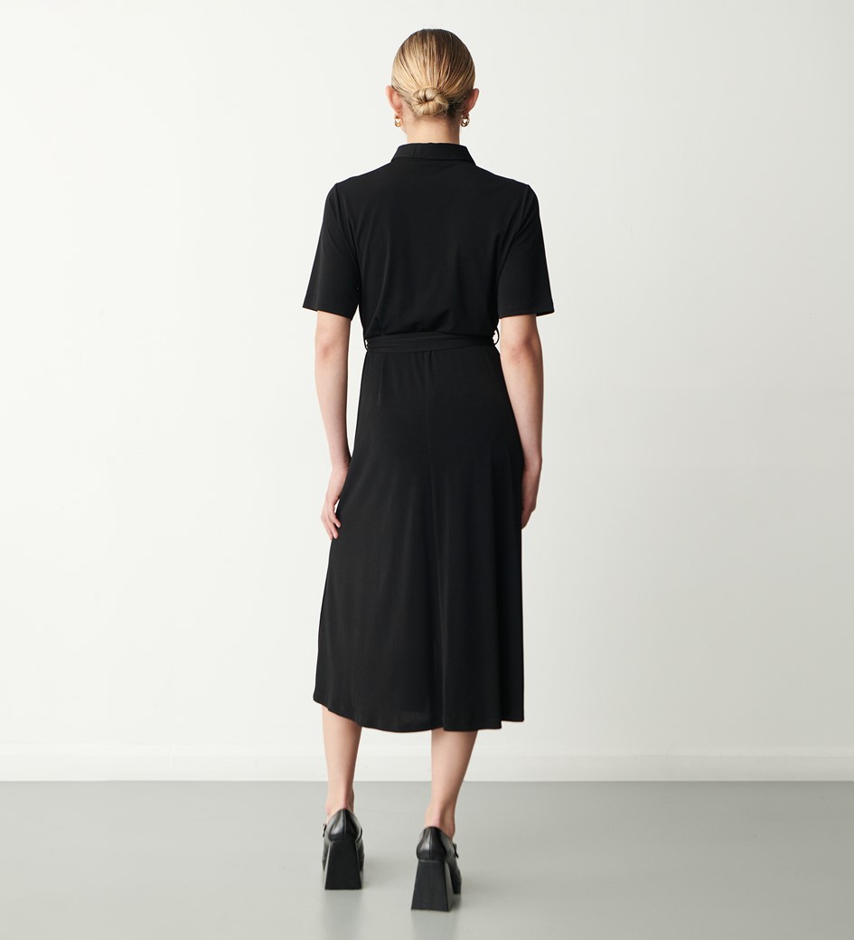 Maddie Black Jersey Crepe Midi Shirt Dress