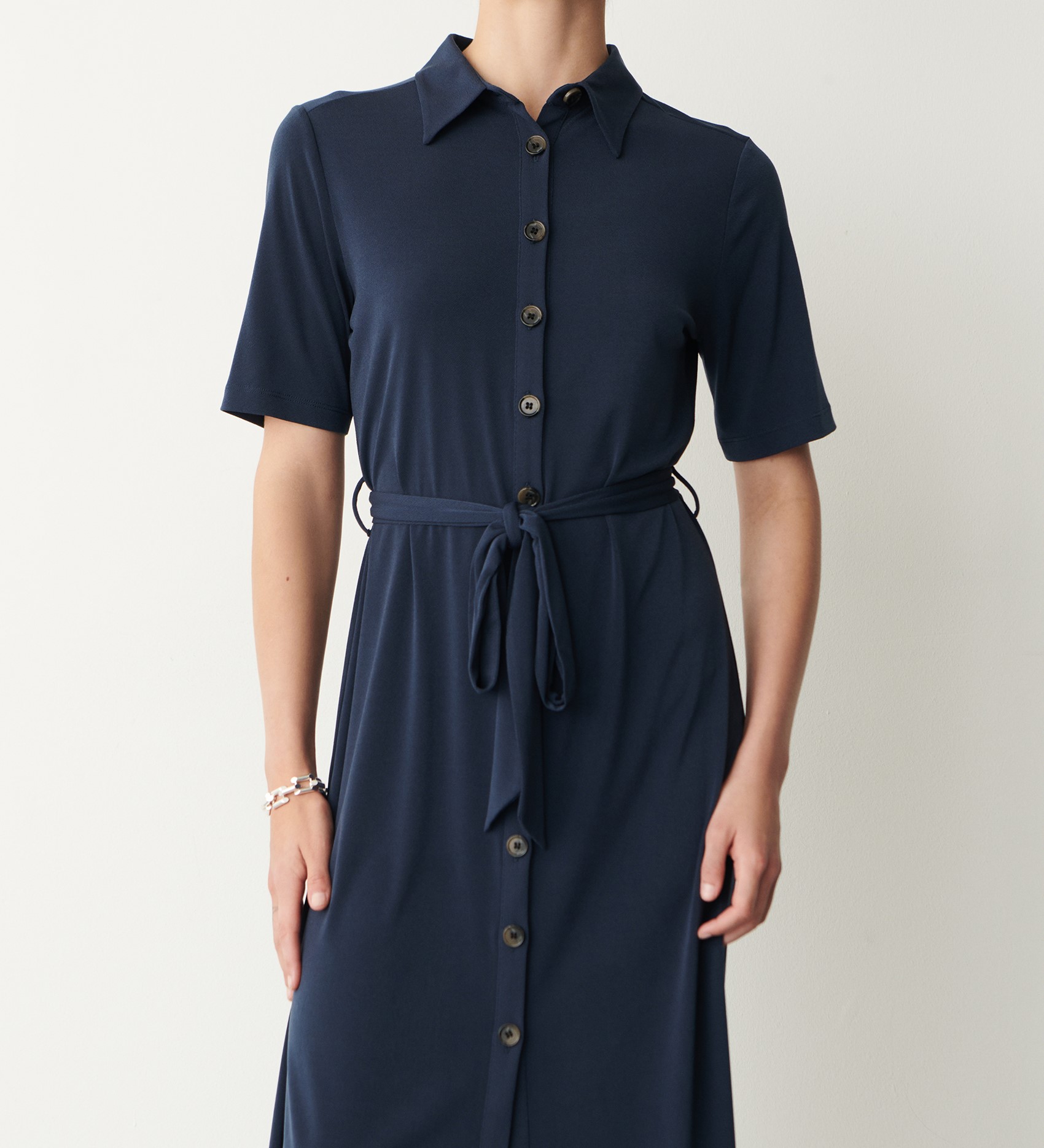 Maddie Navy Jersey Crepe Midi Shirt Dress | Finery London