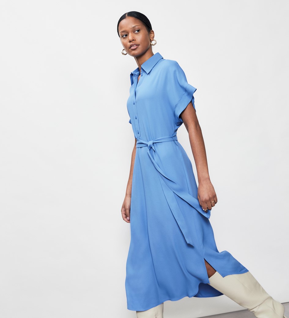 Aldon Blue Crepe Midi Shirt Dress