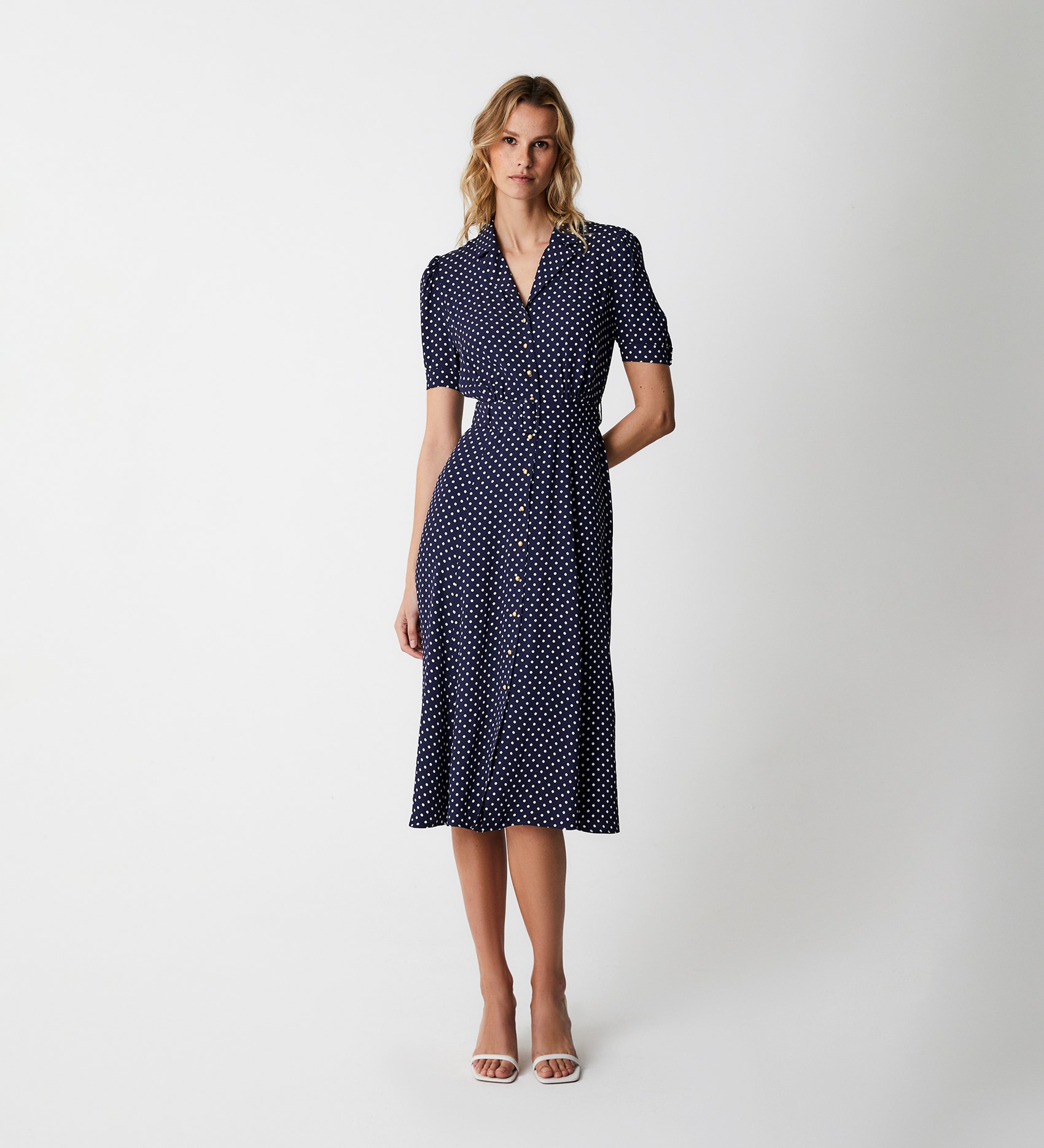 Zara Navy Spot Satin Midi Shirt Dress | Finery London