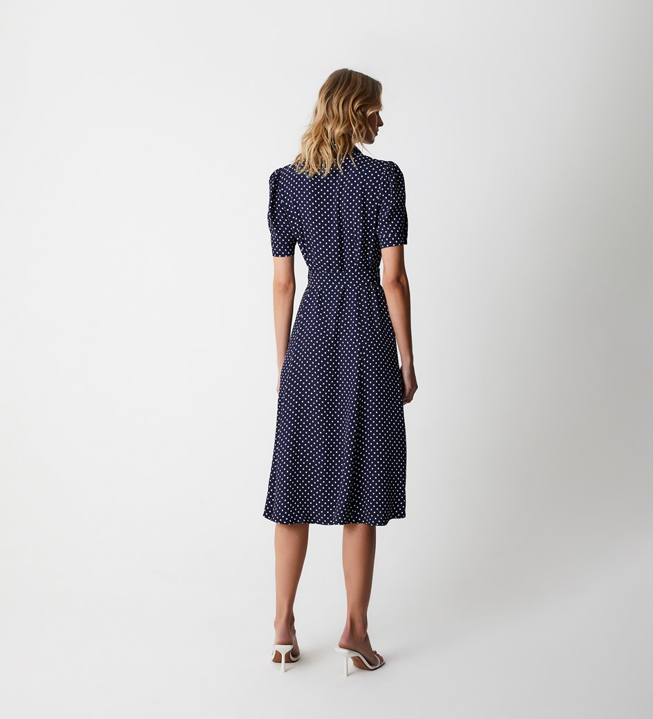 Zara Navy Spot Satin Midi Shirt Dress