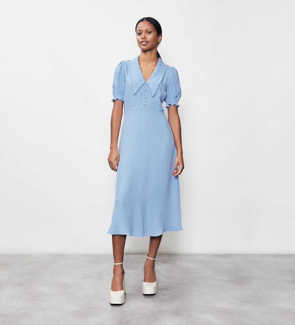 Valerie Sky Blue Spot Crepe Shirt Dress