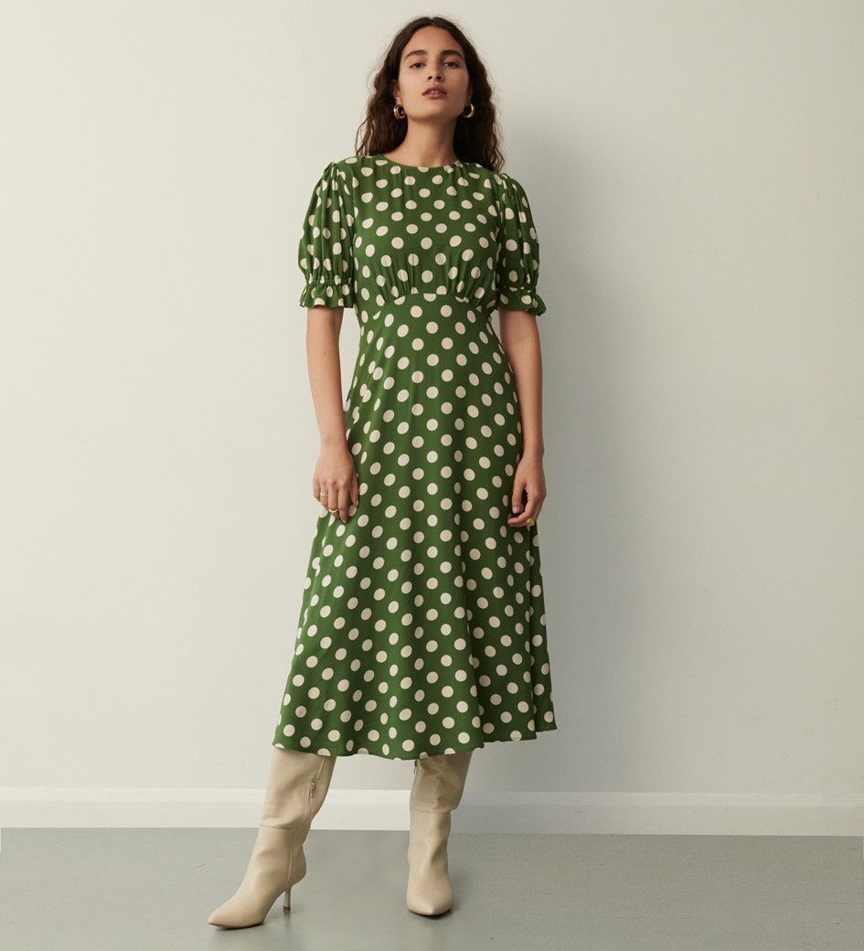 Mela Khaki Spot Midi Dress