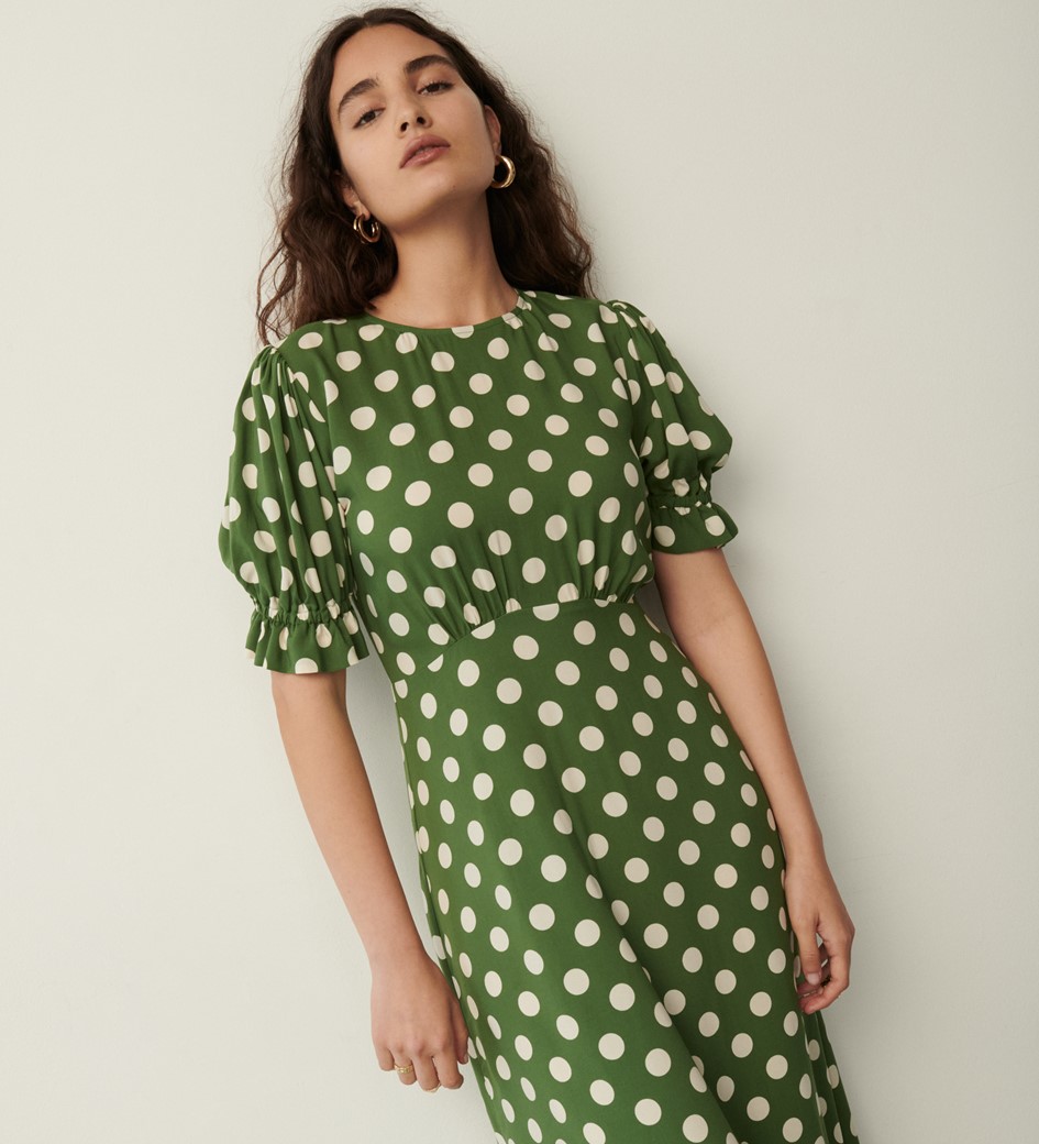Mela Khaki Spot Midi Dress