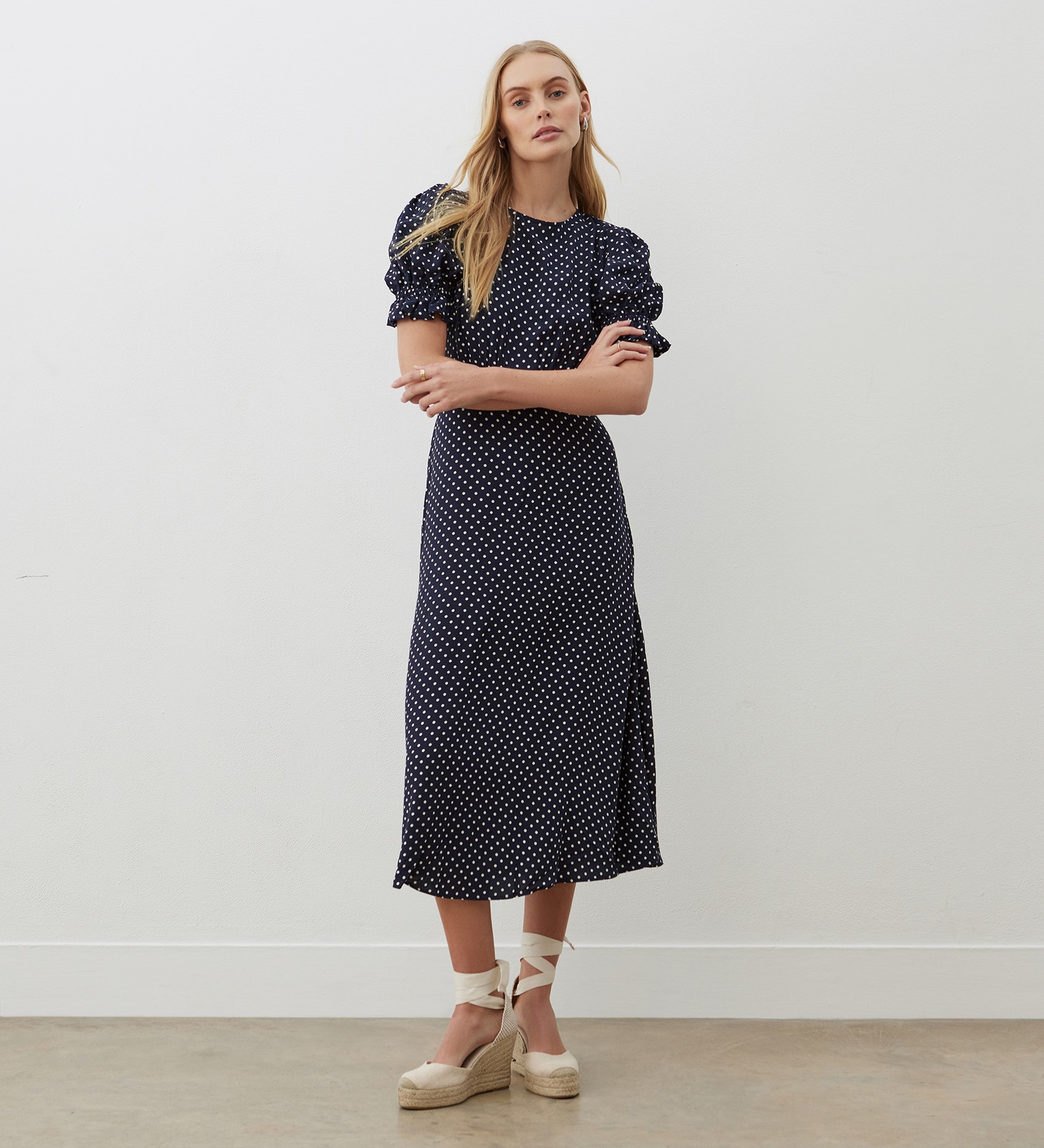 Finery Mela Navy Spot Midi Dress