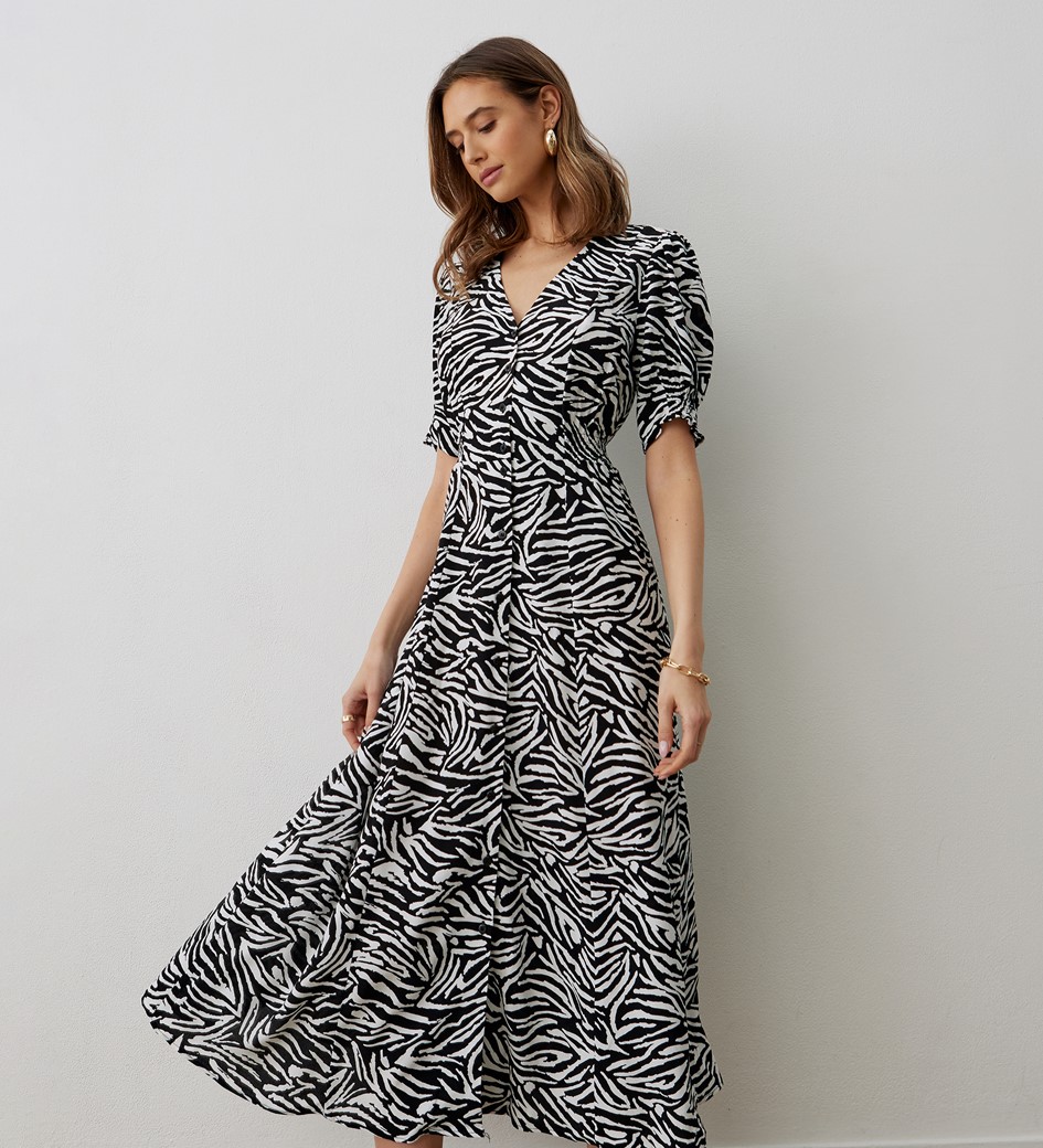 River Black Zebra Crepe Midi Dress