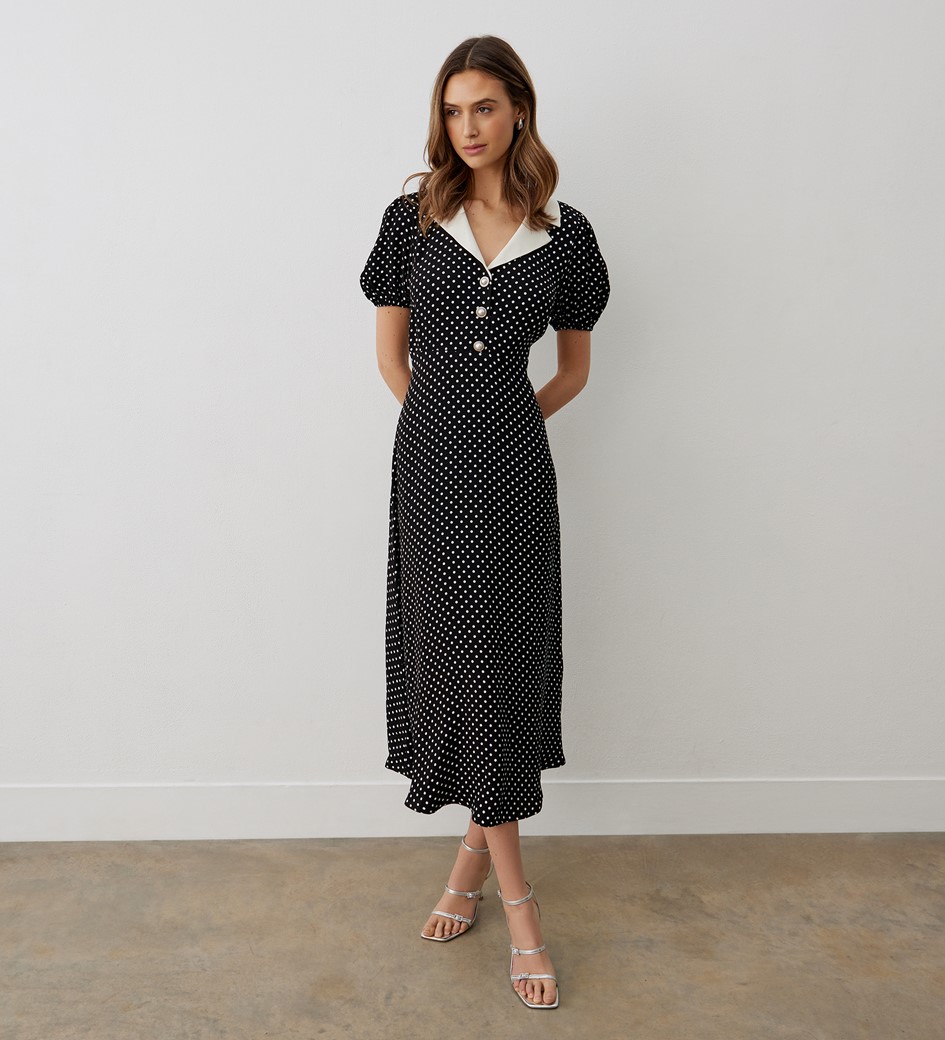 Lois Black Spot Crepe Midi Dress | Finery London