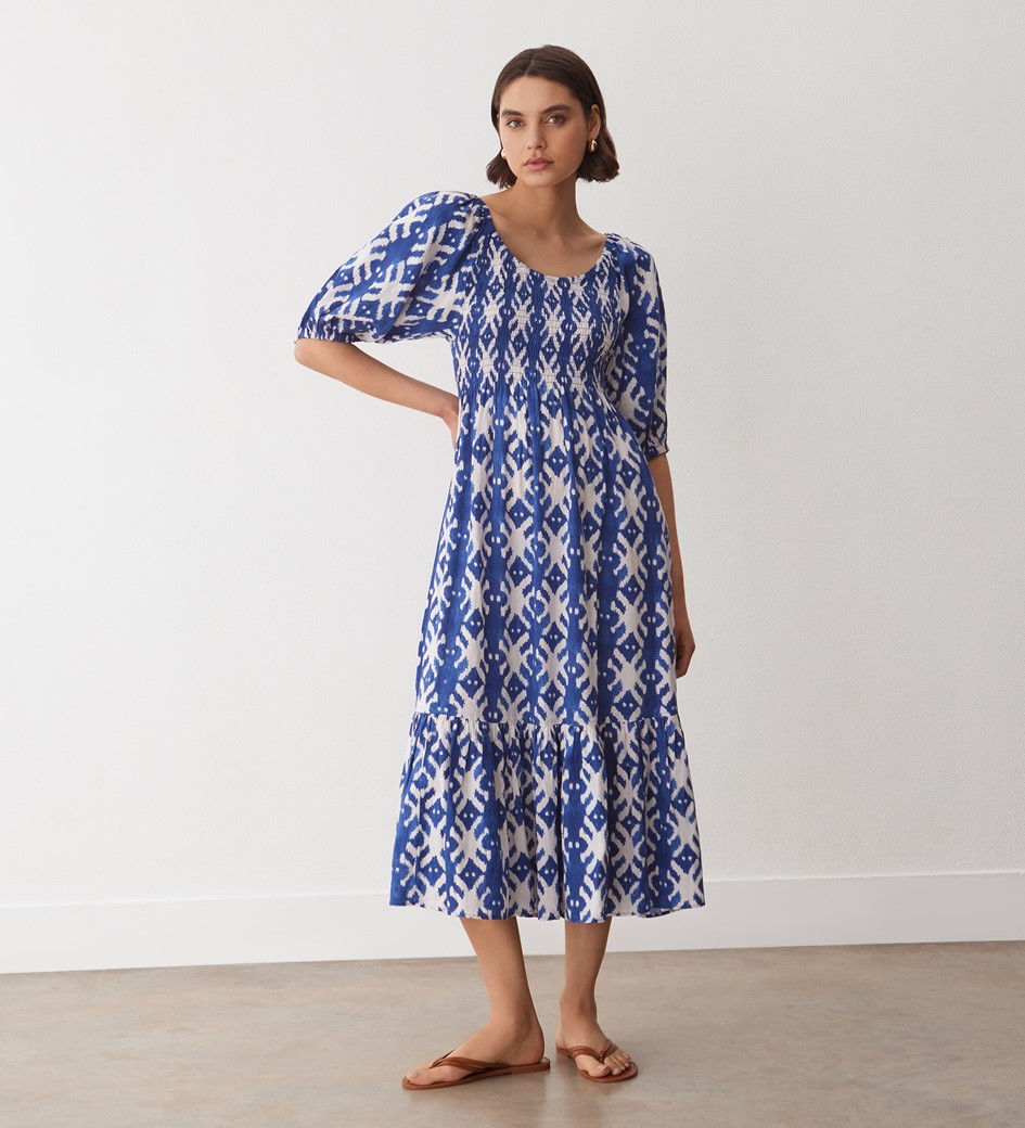 Rosie Blue Ikat Linen Blend Midi Dress