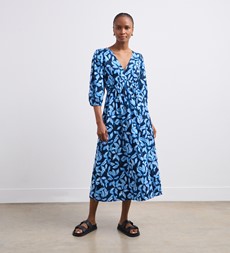 Serena Blue Leaves Linen Blend Midi Dress