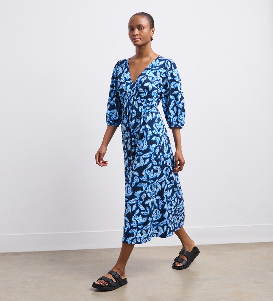 Serena Blue Leaves Linen Blend Midi Dress