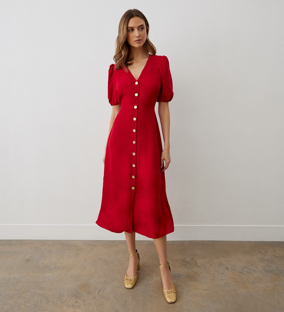 Kimberley Red Button Down Red Midi Dress
