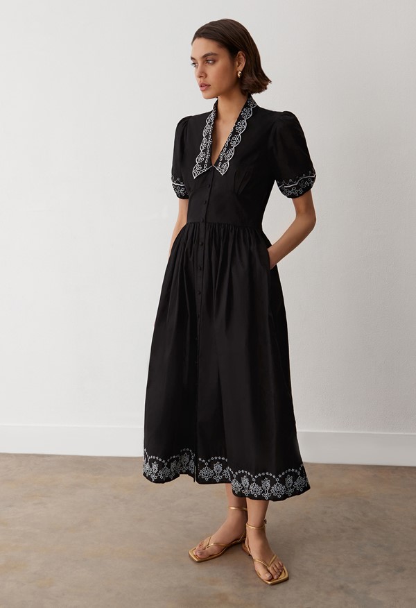 Arianna Black Cotton Embroidered Dress