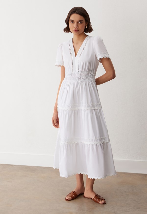 Wren White Tiered Cotton Midi Dress