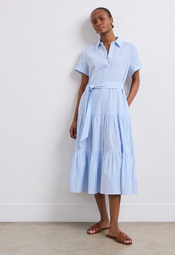 Madison Blue Stripe Cotton Midi Shirt Dress