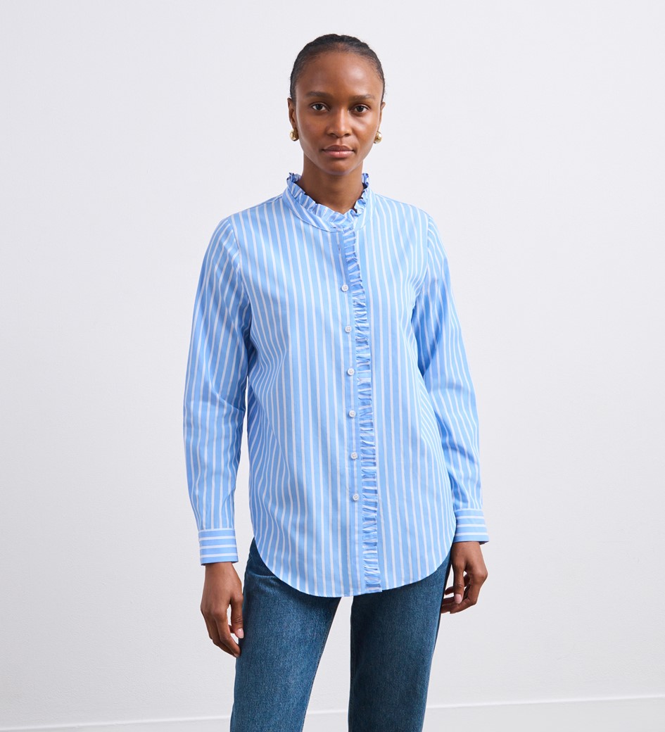 Sabrina Blue Stripe Ruffle Cotton Shirt 