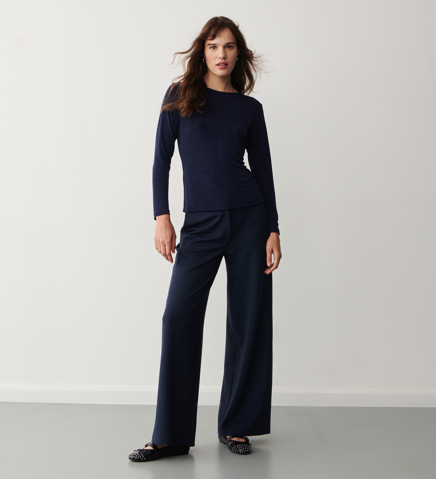 Navy Easy Care Linen Mix Wide Leg Trouser | Simply Be