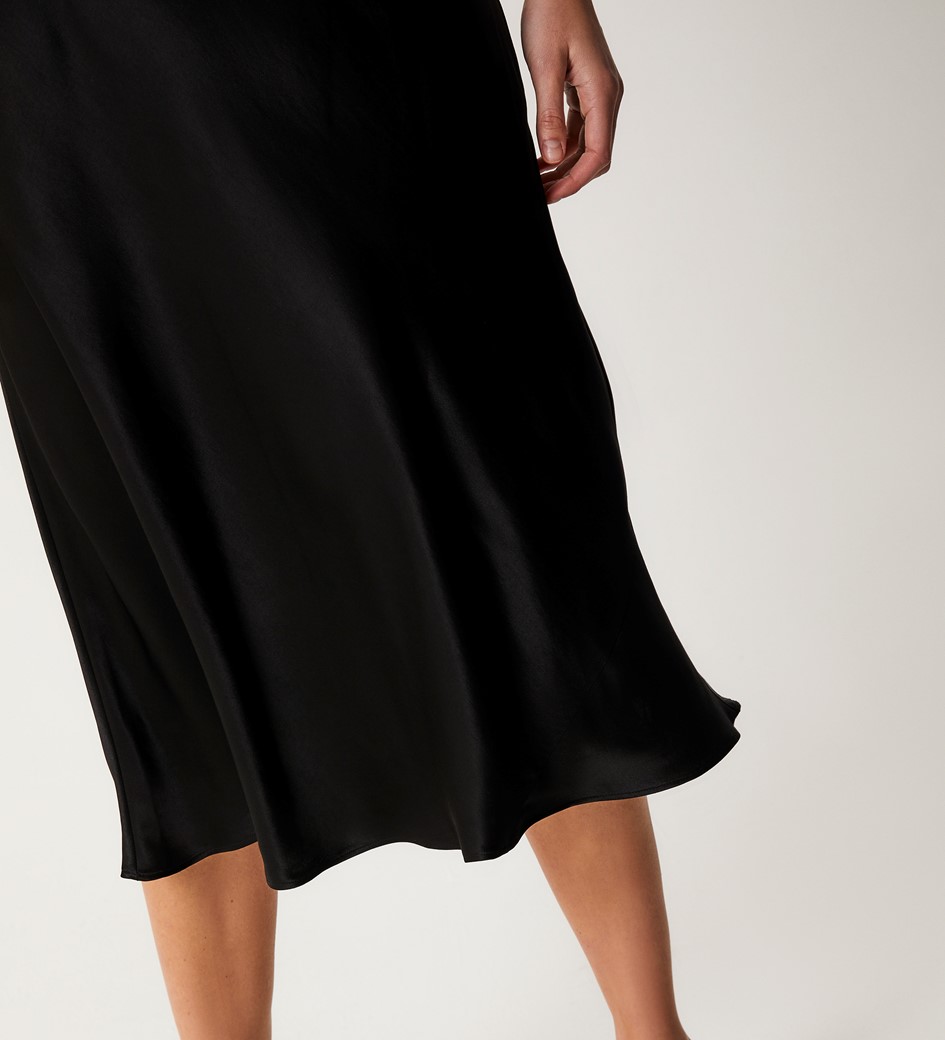 Evelyn Black Satin Midi Skirt