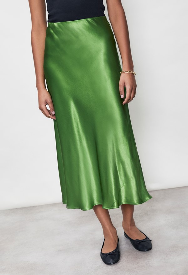 Evelyn Green Satin Midi Skirt