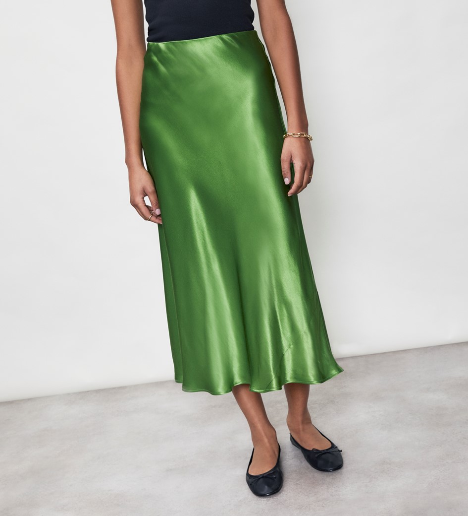 Evelyn Green Satin Midi Skirt