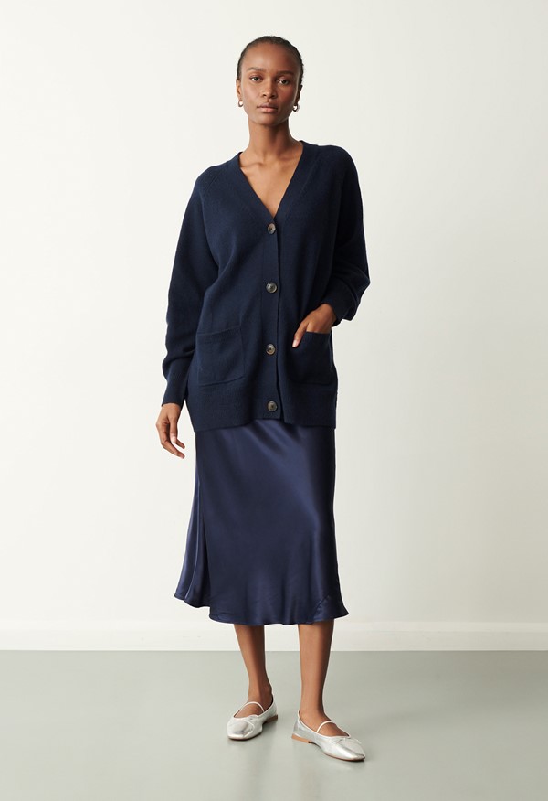 Evelyn Navy Satin Midi Skirt